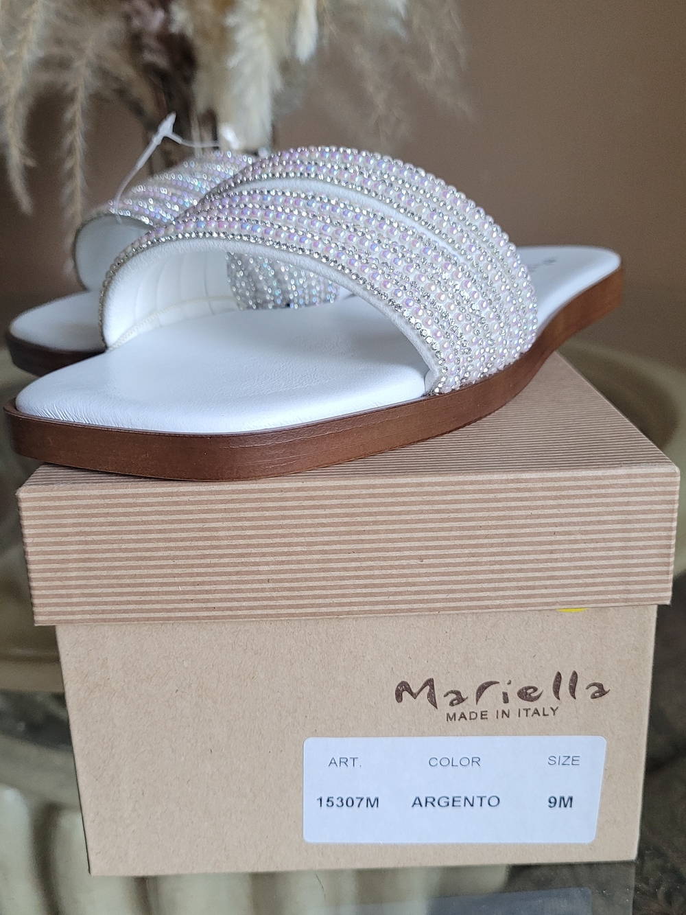 Mariella White Crystal Slide Sandals with Brown Sole